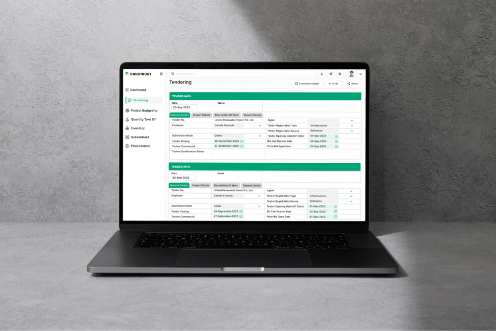 Construction tender web app platform opened on a laptop