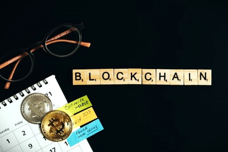 Blockchain word made of scramble blocks.